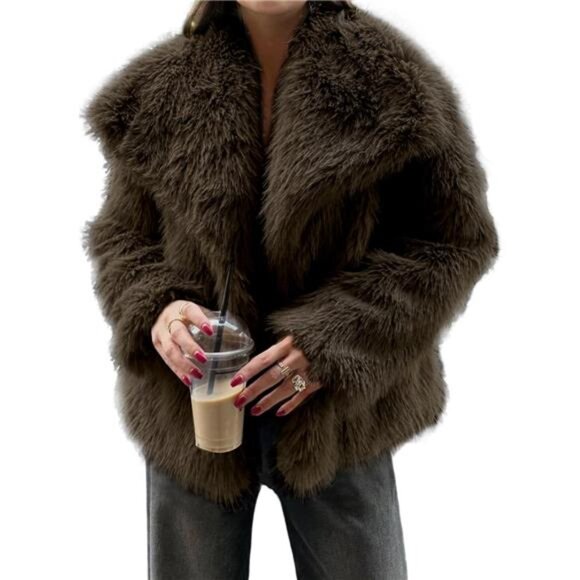 Jackets & Blazers - Womens Faux Fur Coat Lapel Open Front Fluffy Shaggy Jacket Darkbrown